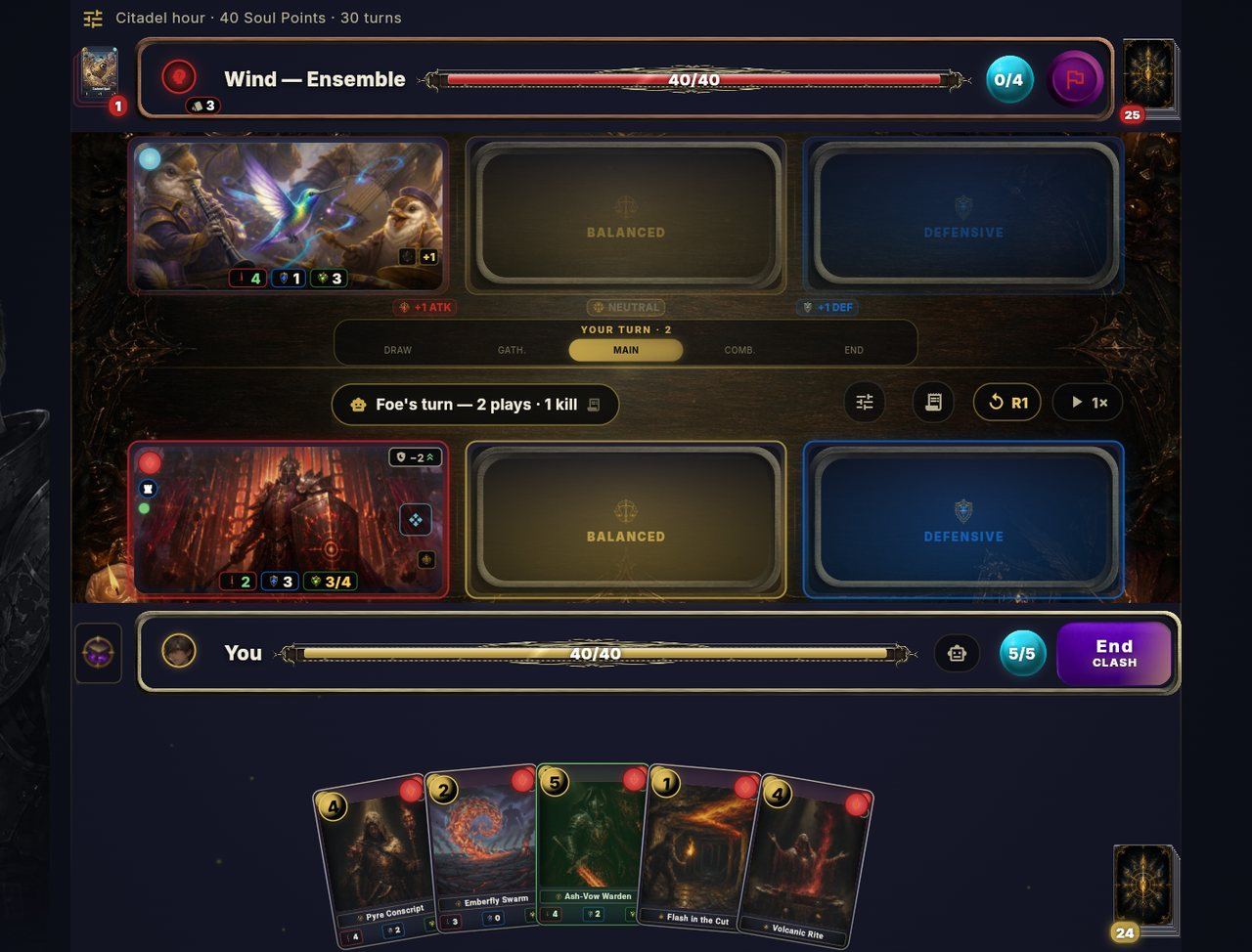 Aether Chronicles gameplay: a card battle board with three lanes (aggressive, balanced, defensive), an armored knight summon facing a bird musician summon, and a hand of fire cards below.