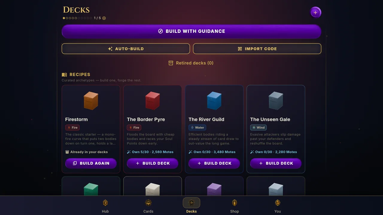 Deck lists on the Decks screen