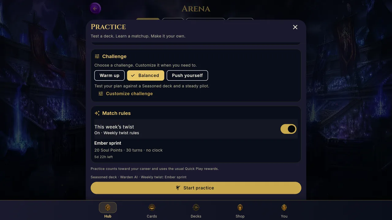 Practice challenge and match rules