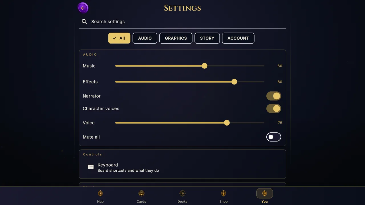 The Settings screen